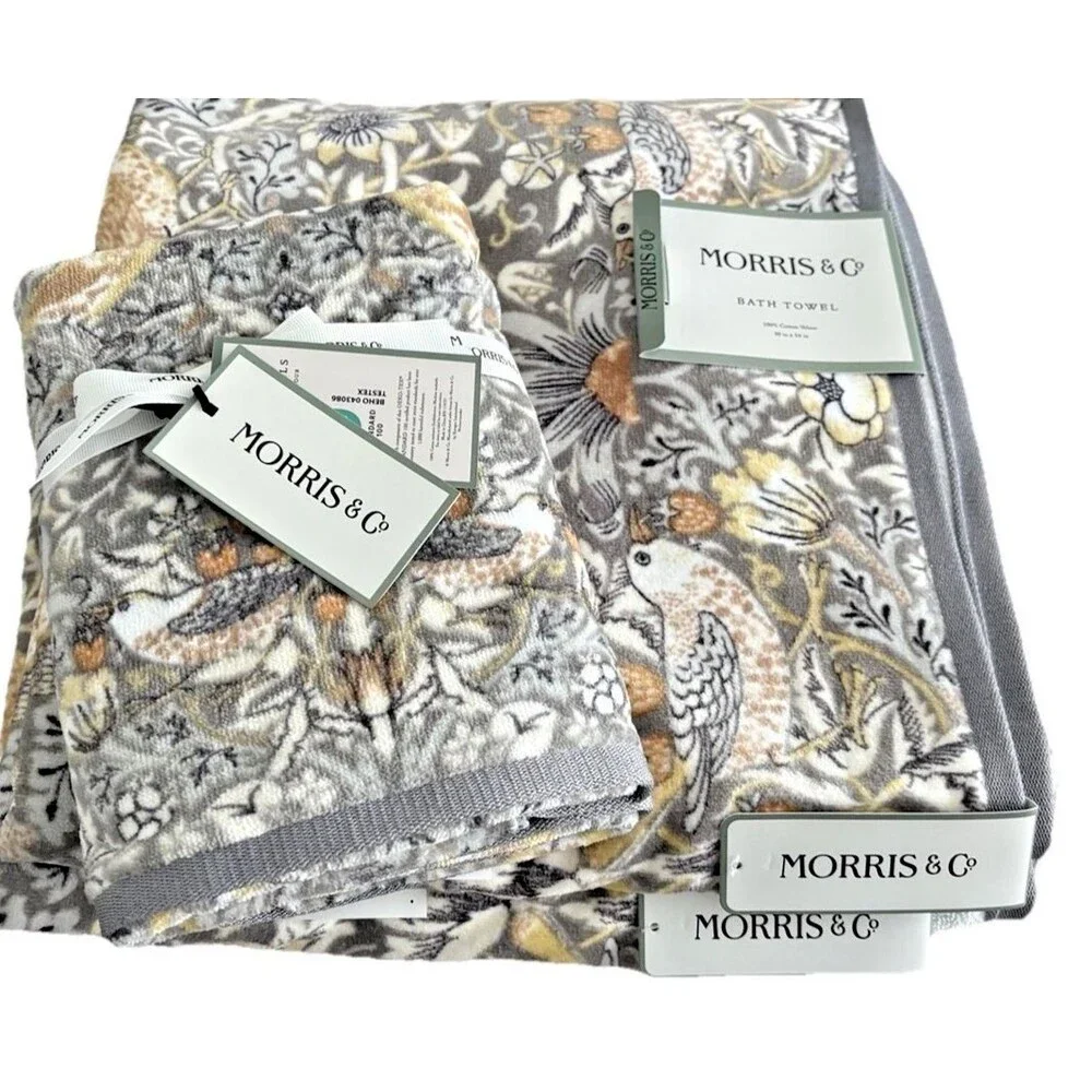 Morris & Co Strawberry Thief 2 Bath 2 Hand Towels Plush Clay Gray Set of 4